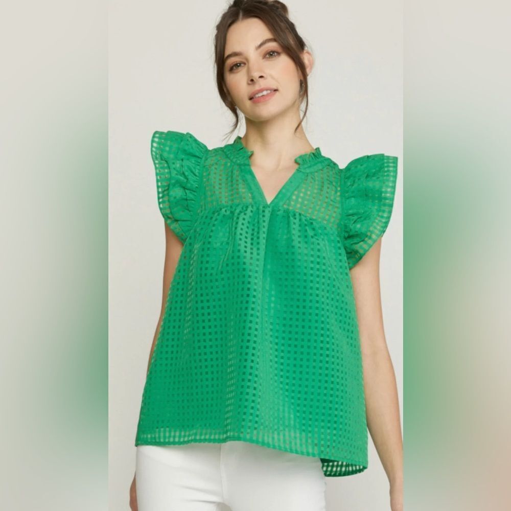 Entro Emerald Eyelet Blouse with Ruffle Sleeves